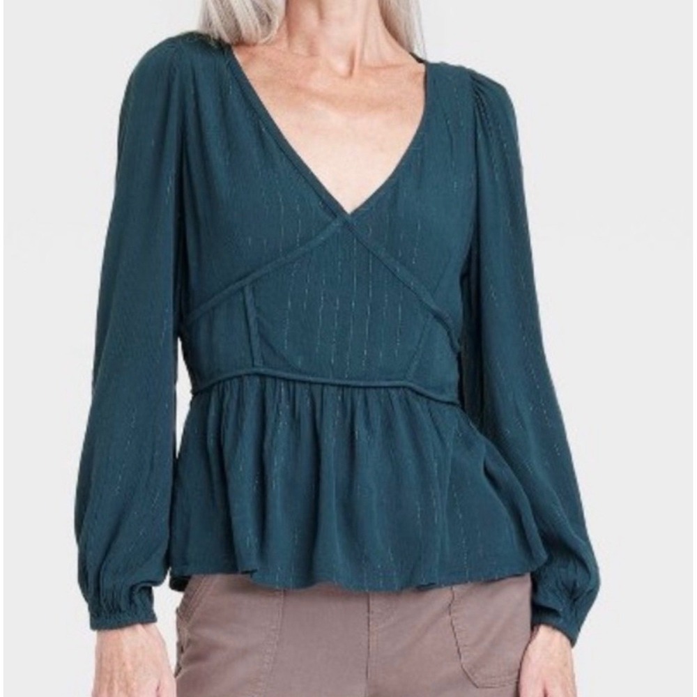 Knox Rose NWT Teal Blue Metallic Stripe Peplum V Neck Long Sleeve Blouse Top XXL